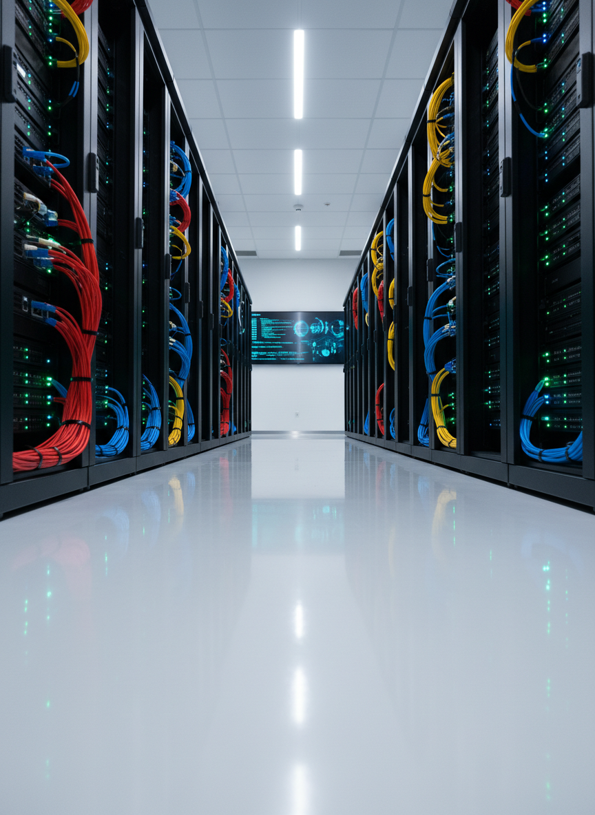 A cluster of polished black server racks with neat, color-coded cabling and tiny status LEDs glowing green and blue, stretching into the distance of a pristine data center aisle. The glossy white floor reflects the hardware, while overhead strip lighting provides bright, even illumination that highlights the precision and order. In the far background, a large digital display shows softly blurred charts and graphs, hinting at real-time analytics and AI workloads. Photographic realism with a slightly low-angle perspective and strong depth, creating a sense of scale, reliability, and enterprise-grade technology infrastructure for business and innovation coverage.