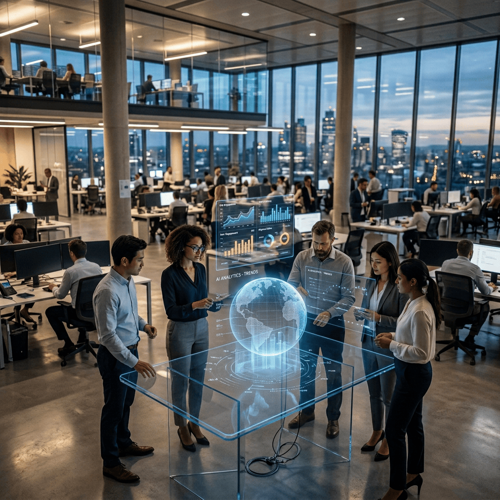 Team reviewing holographic data visualizations in a high-tech office workspace